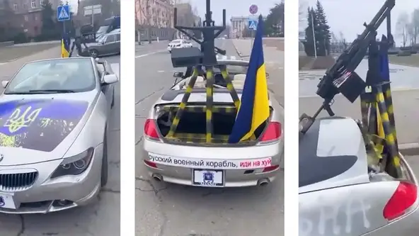 Para combater invasão russa, civis doaram conversível com armamento pesado instalado no porta-malas à polícia da cidade ucraniana de Mykolaiv