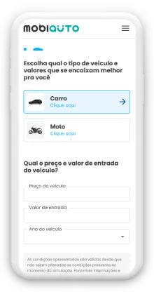 Segundo passo para simular o financiamento no site da Mobiauto