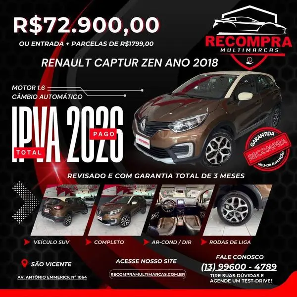 Carro Renault Captur 2018 Intense 1.6 16v SCe CVT (Flex)
