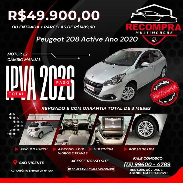 Carro Peugeot 208 2020 Active 1.2 12V (Flex)